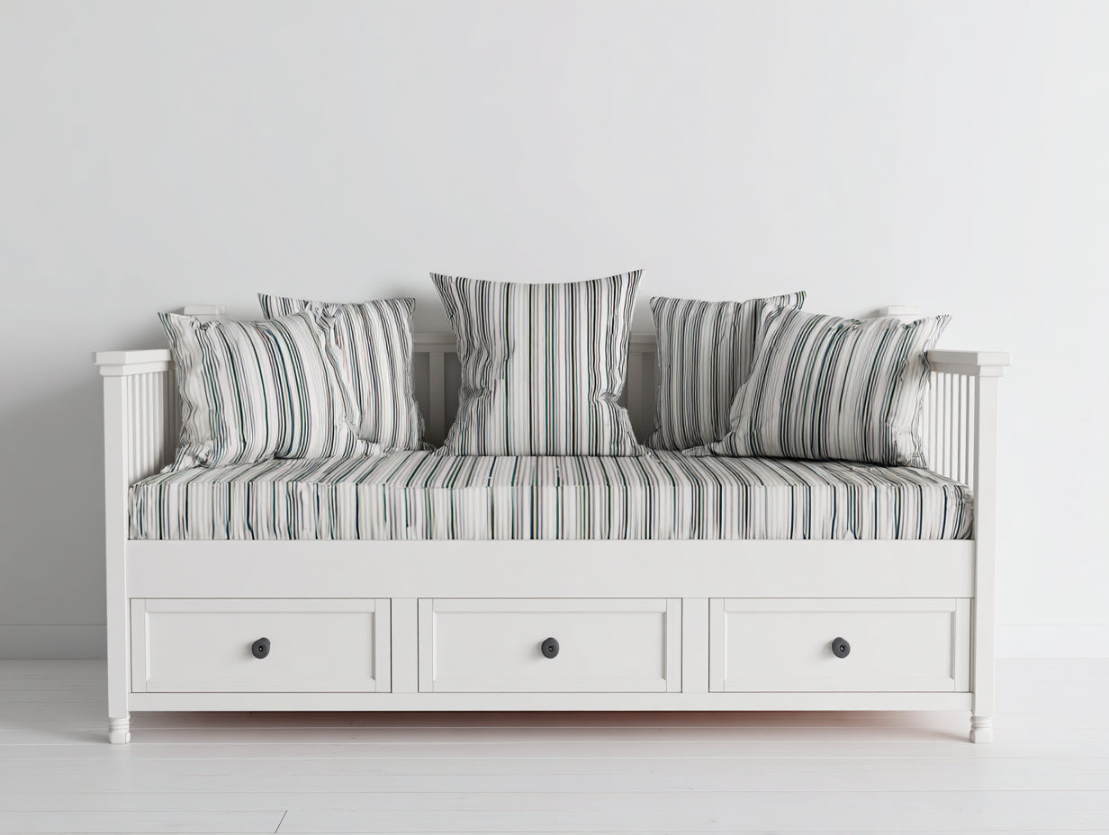 Canapé lit - Bois-Tissu - 198x91x82 cm - Blanc-Vert-Bleu - Campagne