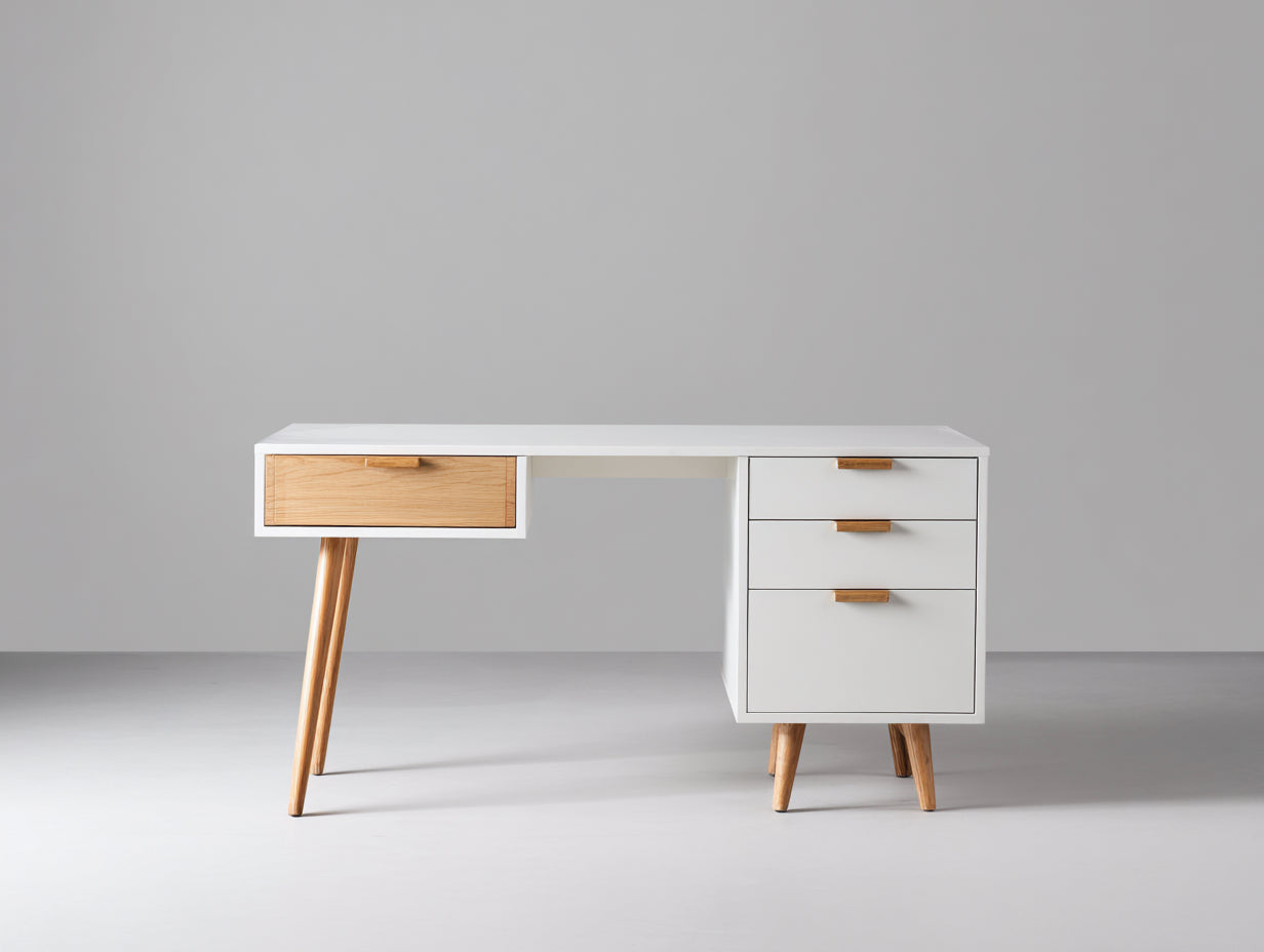 Bureau - Bois - 130x55x78 cm - Blanc-Bois naturel - Contemporain